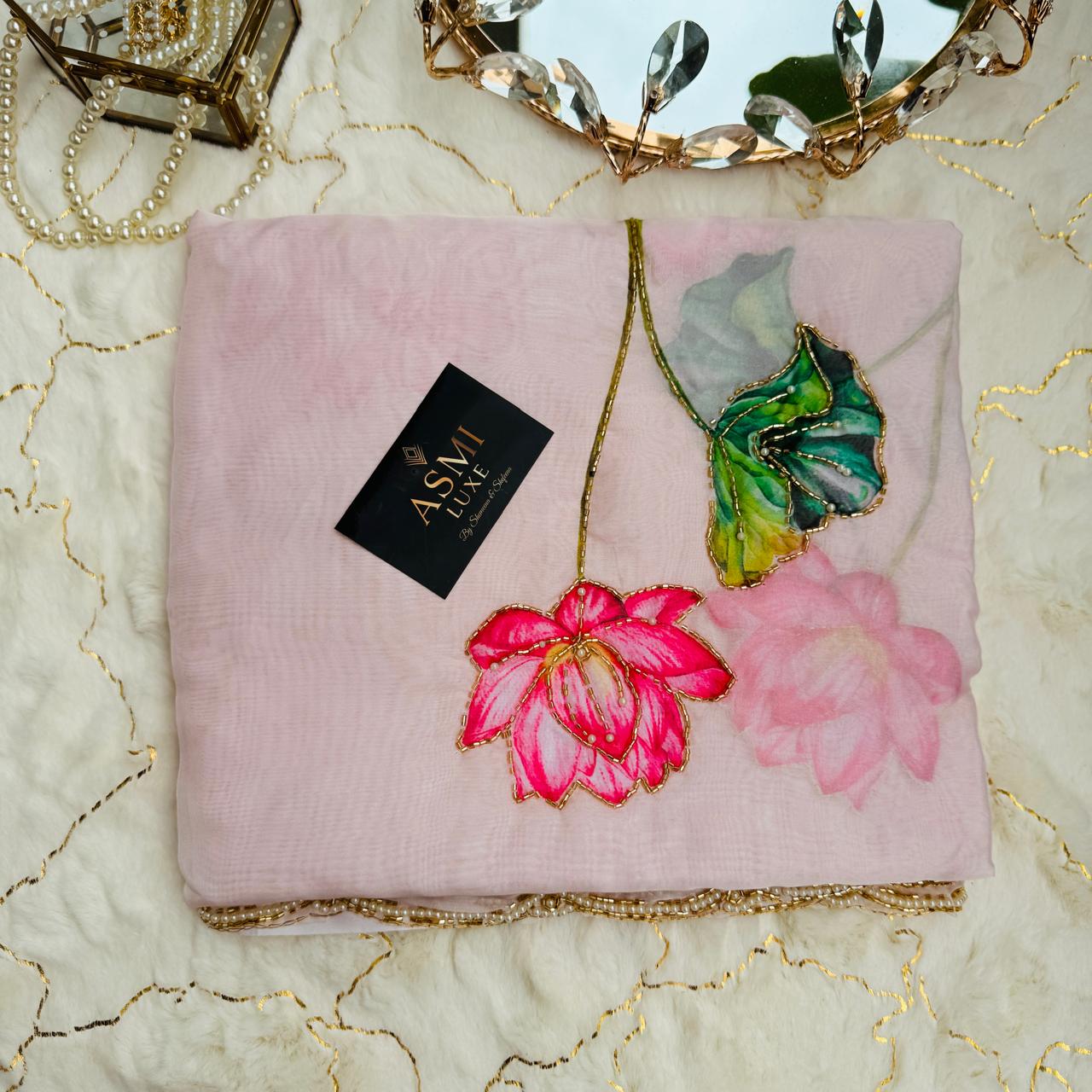 The Floral print soft Organza Lotus Saree (Off white)