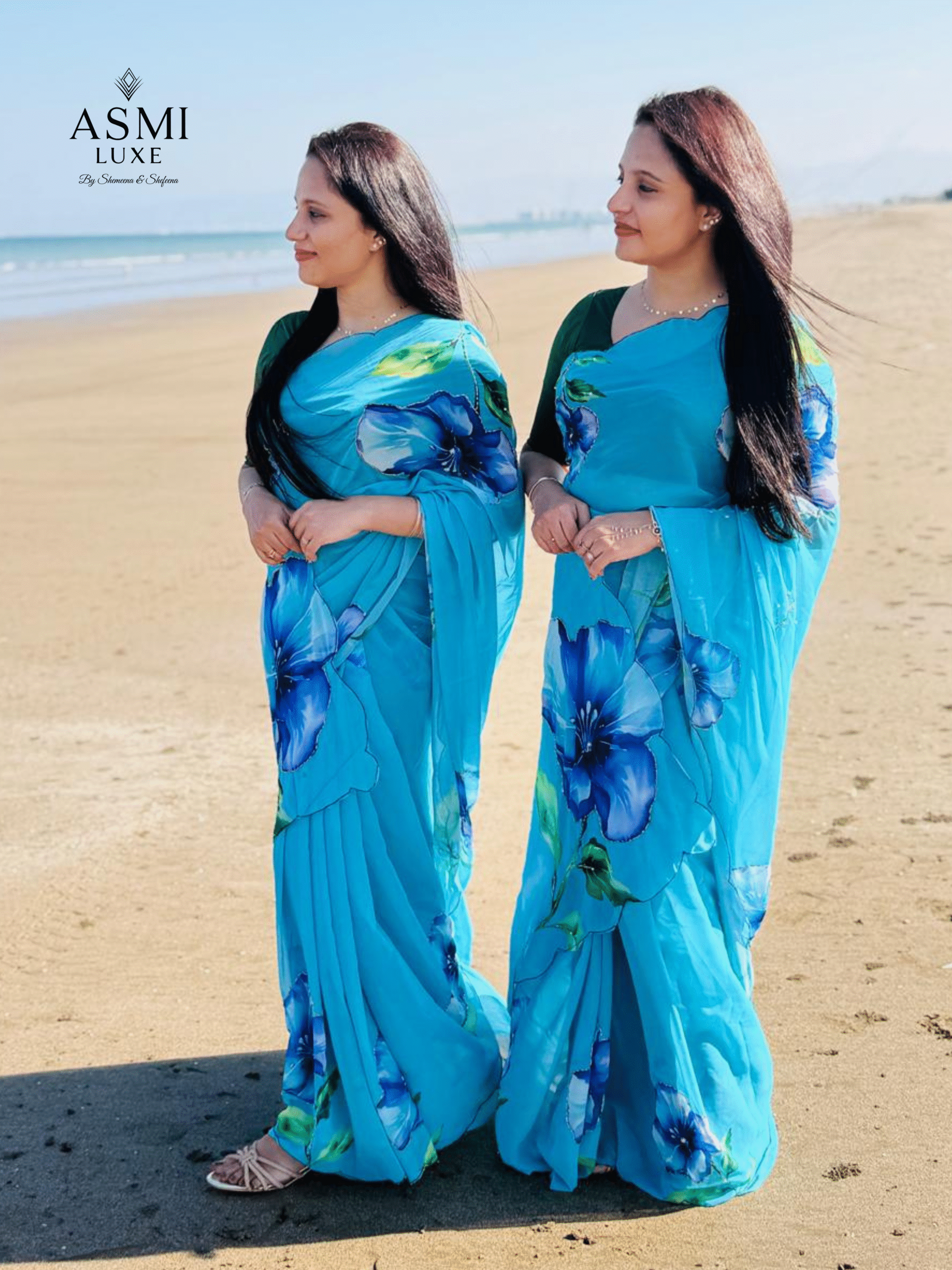 Chiffon Floral digital print saree (Blue)