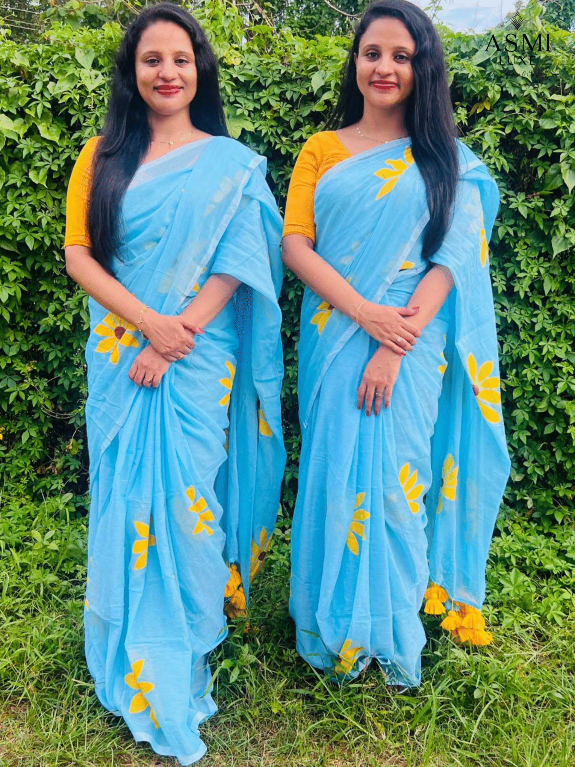 Mulmul Cotton Hand Painted Saree (Blue)