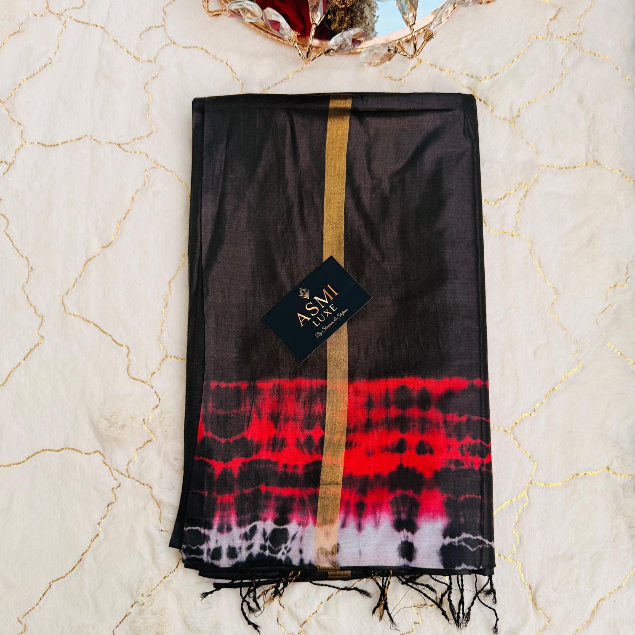 Kota Cotton Shibori Printed Saree (Black & Red)