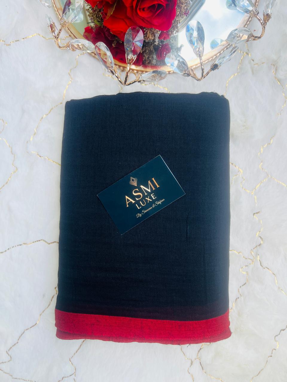 Plane Mulmul Cotton Sarees (Black with red Border)